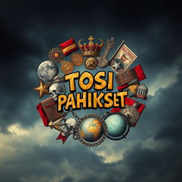 A portrait-oriented image featuring a circular arrangement of key symbols associated with power and control, including a crown, a throne, military medals, broken chains, skulls, ruined palaces, old propaganda posters, and a cracked globe
