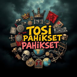 A portrait-oriented image featuring a circular arrangement of key symbols associated with power and control, including a crown, a throne, military medals, broken chains, skulls, ruined palaces, old propaganda posters, and a cracked globe