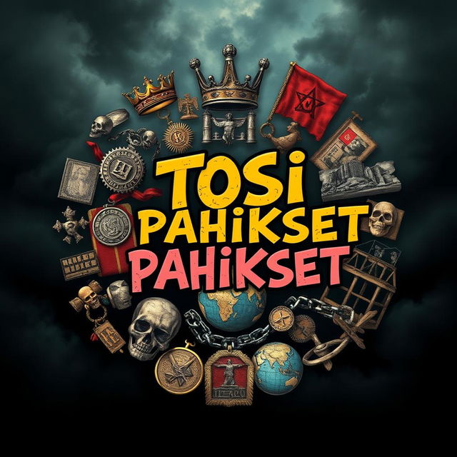 A portrait-oriented image featuring a circular arrangement of key symbols associated with power and control, including a crown, a throne, military medals, broken chains, skulls, ruined palaces, old propaganda posters, and a cracked globe