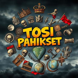 A portrait-oriented image featuring a circular arrangement of key symbols associated with power and control, including a crown, a throne, military medals, broken chains, skulls, ruined palaces, old propaganda posters, and a cracked globe
