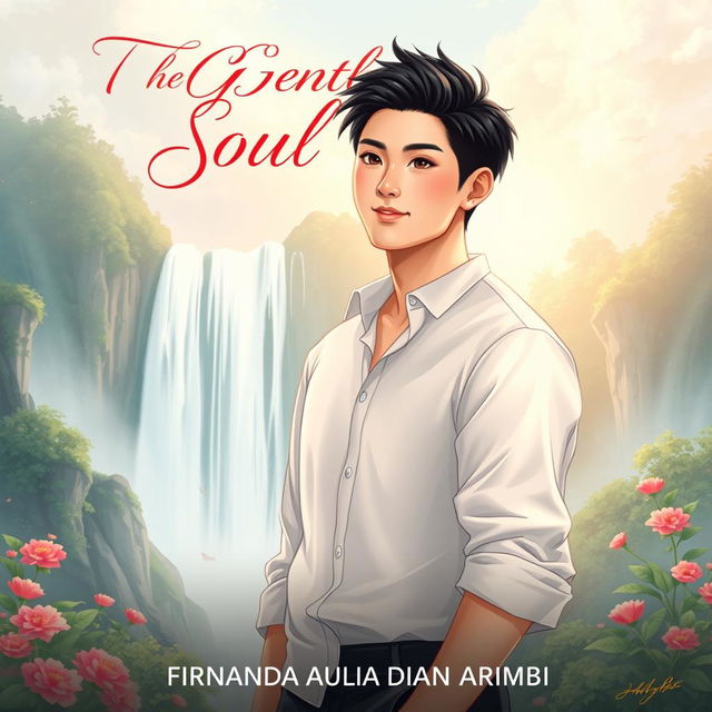 An aesthetic book cover illustration for a romantic novel featuring an attractive Chinese male character standing gracefully in front of a majestic waterfall