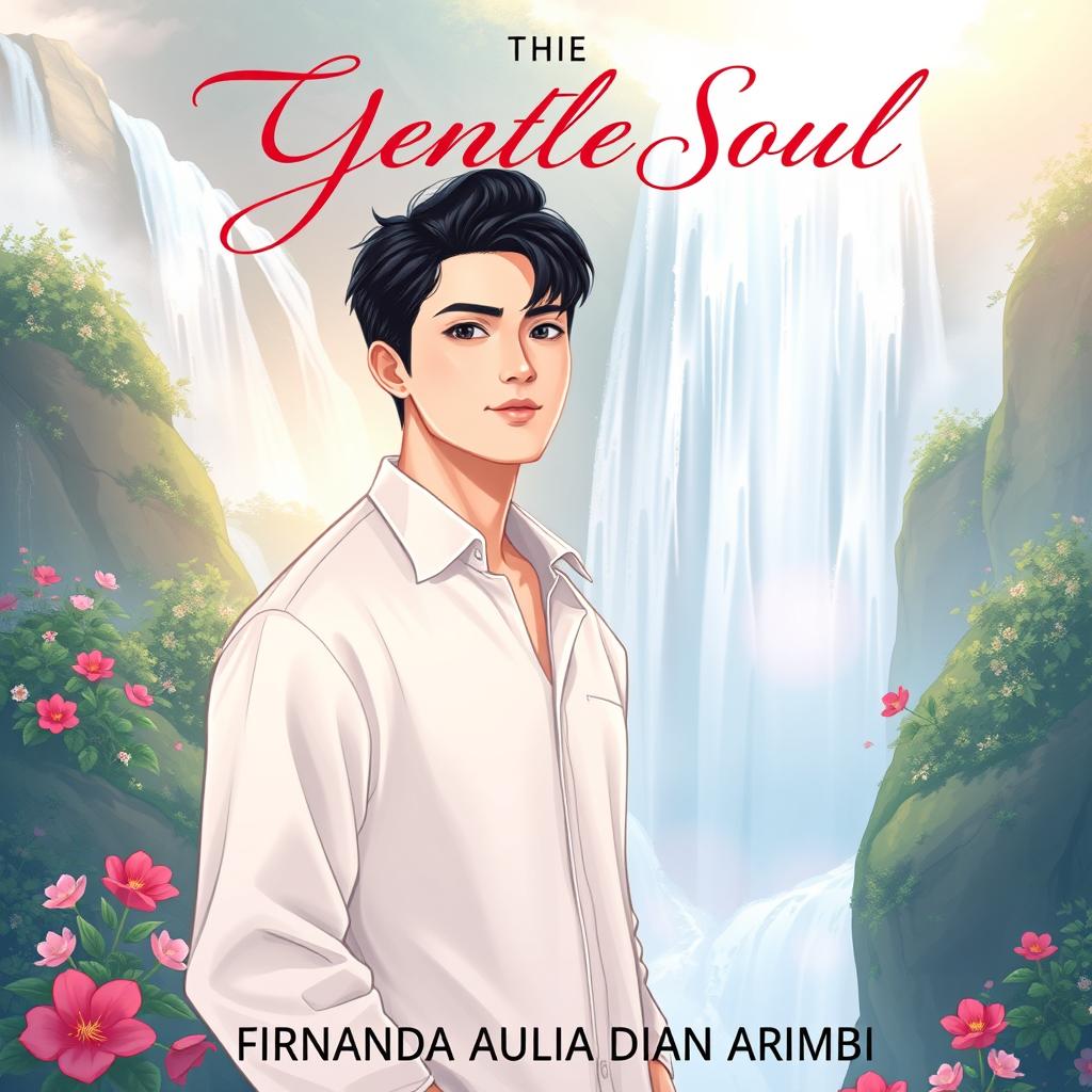 An aesthetic book cover illustration for a romantic novel featuring an attractive Chinese male character standing gracefully in front of a majestic waterfall