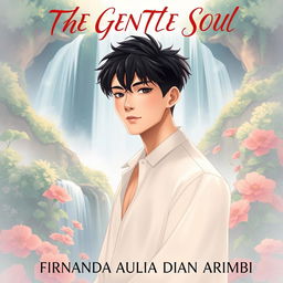 An aesthetic book cover illustration for a romantic novel featuring an attractive Chinese male character standing gracefully in front of a majestic waterfall
