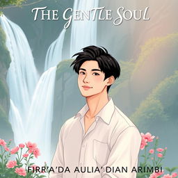 An aesthetic book cover illustration for a romantic novel featuring an attractive Chinese male character standing gracefully in front of a majestic waterfall