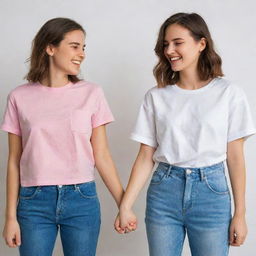 The tomboyish girl with her girlfriend. Her girlfriend wears feminine attire, creating a striking contrast. They're holding hands, with happy and content expressions.