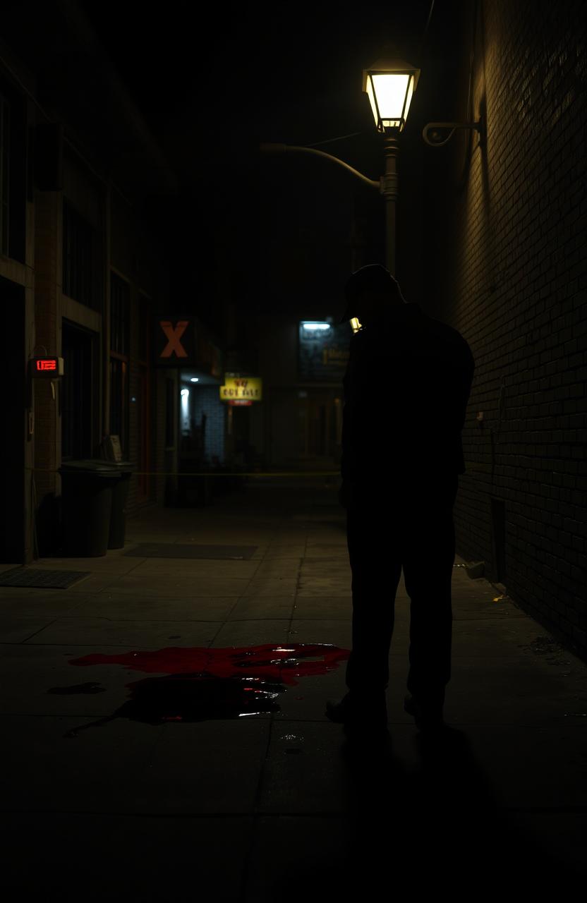 A dark and eerie crime scene at night, illuminated by a single street lamp casting long shadows