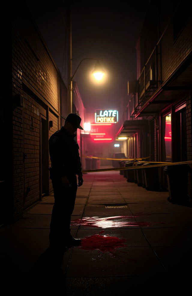 A dark and eerie crime scene at night, illuminated by a single street lamp casting long shadows