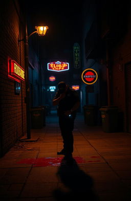 A dark and eerie crime scene at night, illuminated by a single street lamp casting long shadows