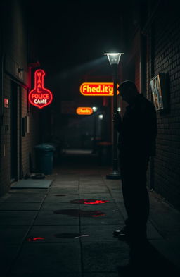 A dark and eerie crime scene at night, illuminated by a single street lamp casting long shadows