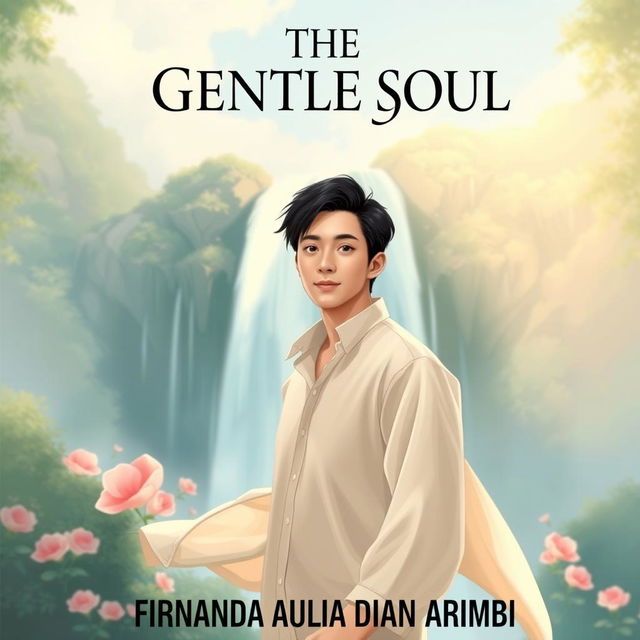 An aesthetic book cover illustration for a romantic novel featuring a handsome Chinese male character standing majestically in front of a stunning waterfall