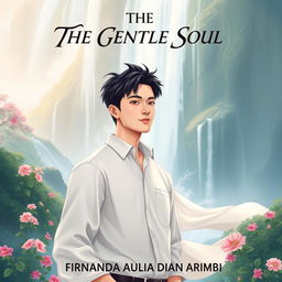 An aesthetic book cover illustration for a romantic novel featuring a handsome Chinese male character standing majestically in front of a stunning waterfall