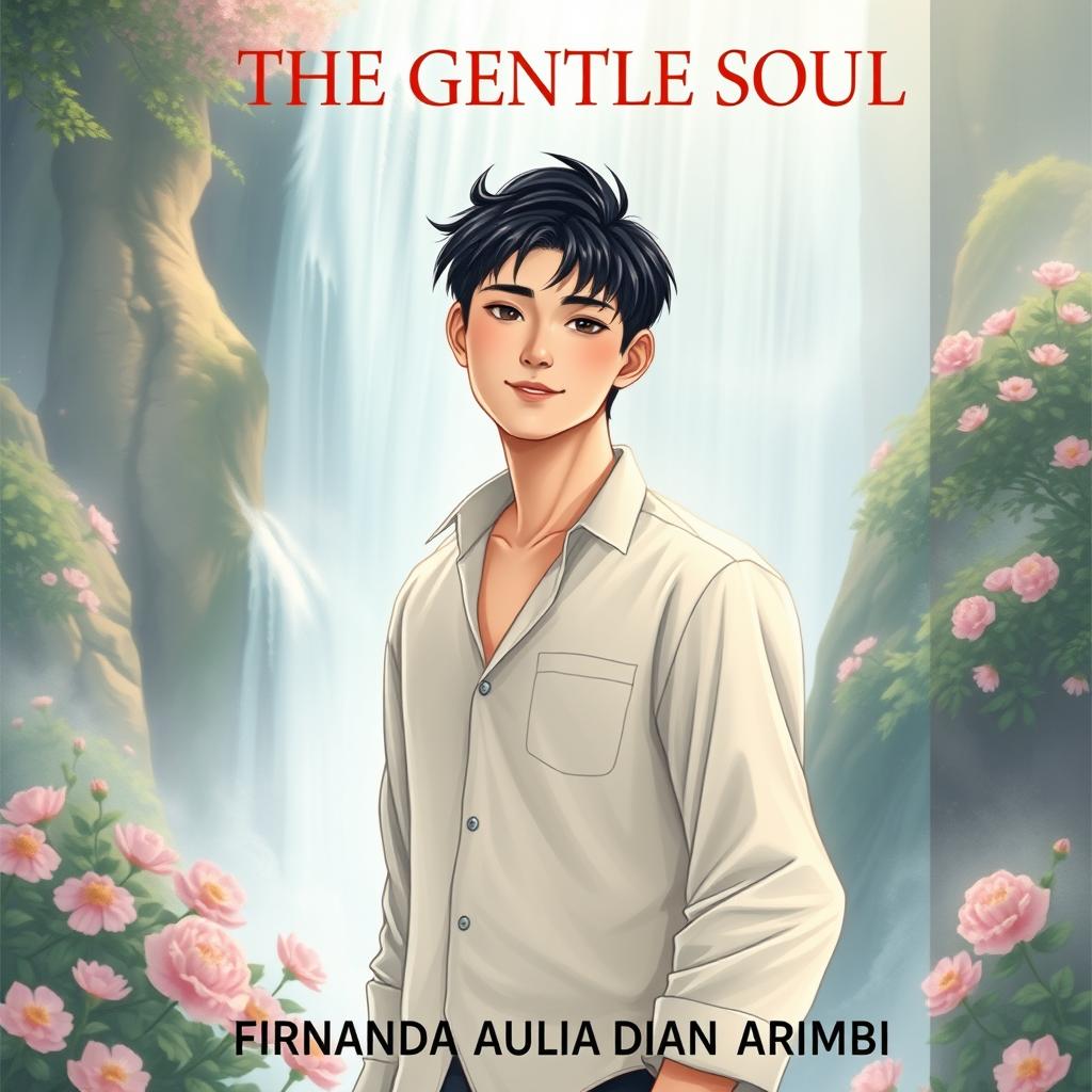 An aesthetic book cover illustration for a romantic novel featuring a handsome Chinese male character standing majestically in front of a stunning waterfall