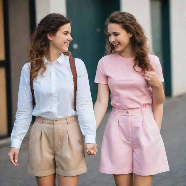 The tomboyish girl with her girlfriend. Her girlfriend wears feminine attire, creating a striking contrast. They're holding hands, with happy and content expressions.