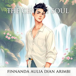 An aesthetic book cover illustration for a romantic novel featuring a handsome Chinese male character standing majestically in front of a stunning waterfall