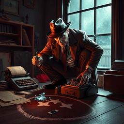 A master detective at a crime scene, confidently analyzing evidence in a dimly lit room filled with clues