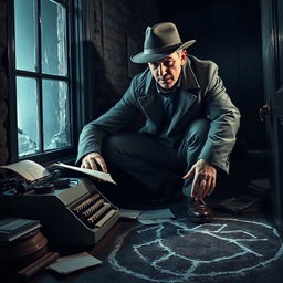 A master detective at a crime scene, confidently analyzing evidence in a dimly lit room filled with clues