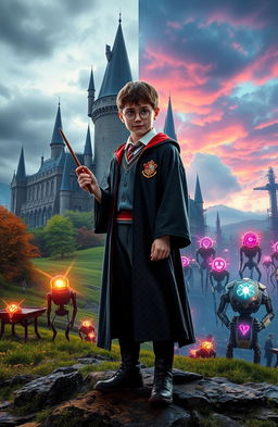 A crossover scene between Harry Potter and Atomic Heart, blending the magical world of Hogwarts with the dystopian, retro-futuristic theme of Atomic Heart