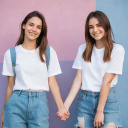 The tomboyish girl with her girlfriend. Her girlfriend wears feminine attire, creating a striking contrast. They're holding hands, with happy and content expressions.