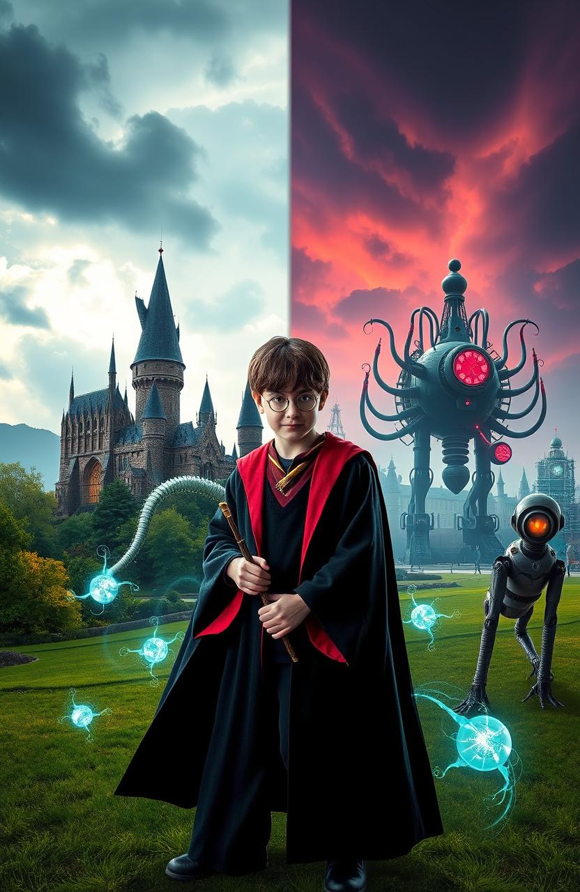 A crossover scene between Harry Potter and Atomic Heart, blending the magical world of Hogwarts with the dystopian, retro-futuristic theme of Atomic Heart