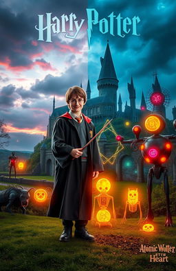 A crossover scene between Harry Potter and Atomic Heart, blending the magical world of Hogwarts with the dystopian, retro-futuristic theme of Atomic Heart