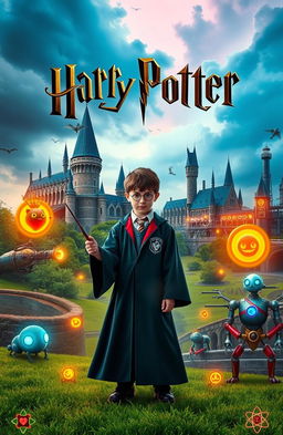 A crossover scene between Harry Potter and Atomic Heart, blending the magical world of Hogwarts with the dystopian, retro-futuristic theme of Atomic Heart