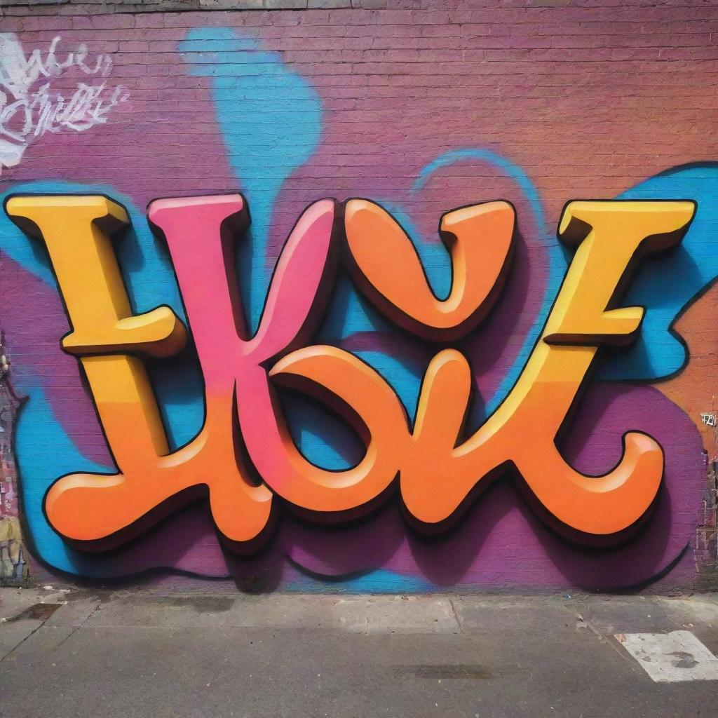 A vivid graffiti art featuring the word 'Love', adorned in vibrant colors and incorporating dynamic shapes and elements unique to street art