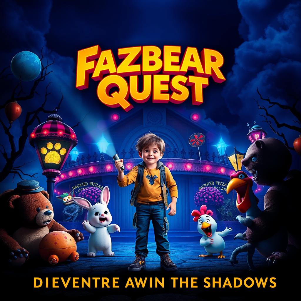 A thrilling movie poster for 'Fazbear Quest', featuring a fantastical, animated world filled with colorful animatronic characters, highlighted by a large, mysterious haunted pizzeria in the background