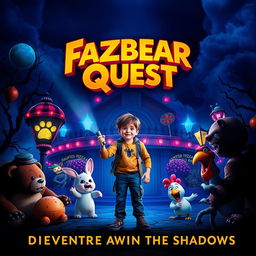 A thrilling movie poster for 'Fazbear Quest', featuring a fantastical, animated world filled with colorful animatronic characters, highlighted by a large, mysterious haunted pizzeria in the background