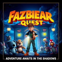A thrilling movie poster for 'Fazbear Quest', featuring a fantastical, animated world filled with colorful animatronic characters, highlighted by a large, mysterious haunted pizzeria in the background