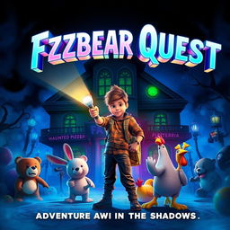 A thrilling movie poster for 'Fazbear Quest', featuring a fantastical, animated world filled with colorful animatronic characters, highlighted by a large, mysterious haunted pizzeria in the background