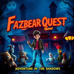 A thrilling movie poster for 'Fazbear Quest', featuring a fantastical, animated world filled with colorful animatronic characters, highlighted by a large, mysterious haunted pizzeria in the background
