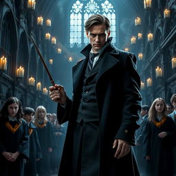 An imaginative scene featuring a character inspired by Sergei Nechaev integrated into the Harry Potter universe