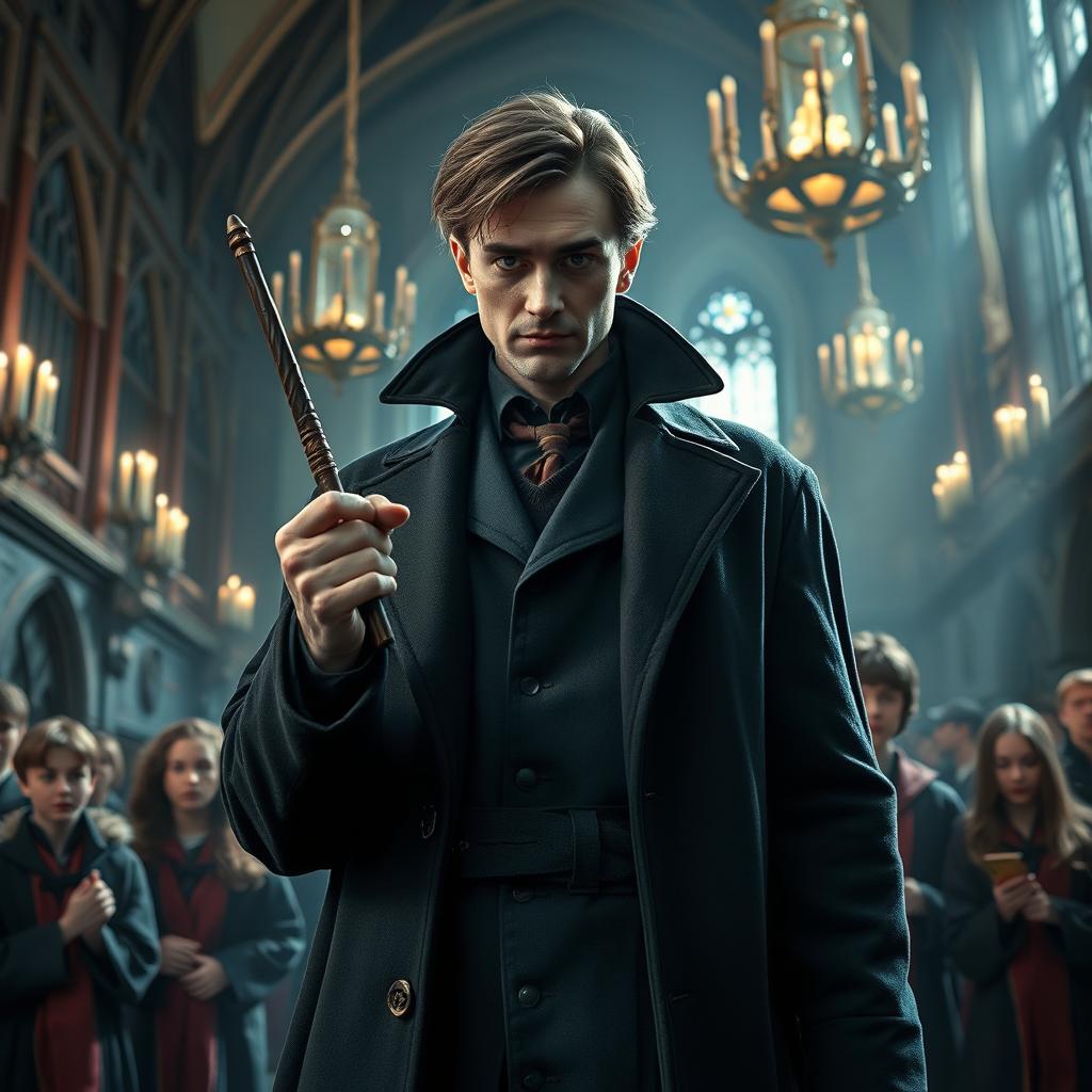 An imaginative scene featuring a character inspired by Sergei Nechaev integrated into the Harry Potter universe