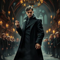 An imaginative scene featuring a character inspired by Sergei Nechaev integrated into the Harry Potter universe