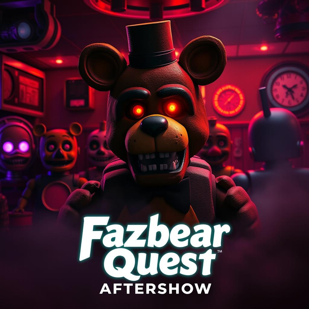 A dramatic movie poster for "Fazbear Quest: Aftershow," featuring an eerie yet captivating pizzeria setting filled with vintage animatronics