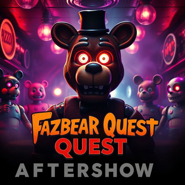 A dramatic movie poster for "Fazbear Quest: Aftershow," featuring an eerie yet captivating pizzeria setting filled with vintage animatronics