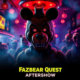 A dramatic movie poster for "Fazbear Quest: Aftershow," featuring an eerie yet captivating pizzeria setting filled with vintage animatronics