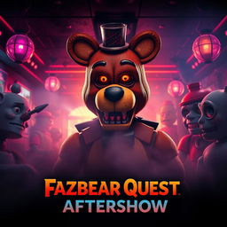 A dramatic movie poster for "Fazbear Quest: Aftershow," featuring an eerie yet captivating pizzeria setting filled with vintage animatronics