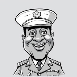 A cartoonish, caricature-like black-and-white illustration of Idi Amin, featuring exaggerated facial features such as a large smile, prominent eyes, and a distinct military uniform