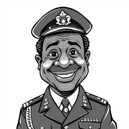 A cartoonish, caricature-like black-and-white illustration of Idi Amin, featuring exaggerated facial features such as a large smile, prominent eyes, and a distinct military uniform