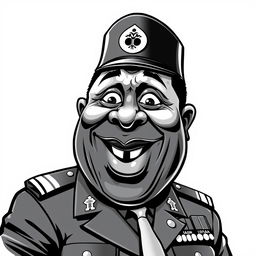 A cartoonish, caricature-like black-and-white illustration of Idi Amin, featuring exaggerated facial features such as a large smile, prominent eyes, and a distinct military uniform
