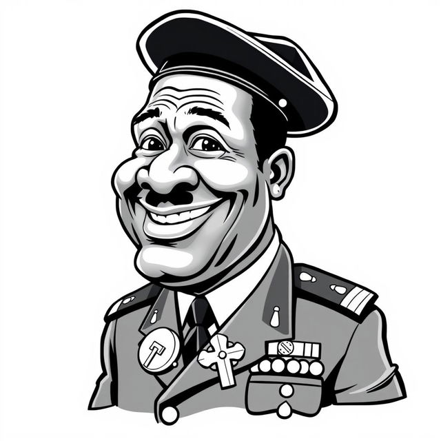 A cartoonish, caricature-like black-and-white illustration of Idi Amin, featuring exaggerated facial features such as a large smile, prominent eyes, and a distinct military uniform