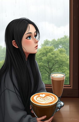 A serene and contemplative scene depicting a young girl sitting beside a window during a rain shower