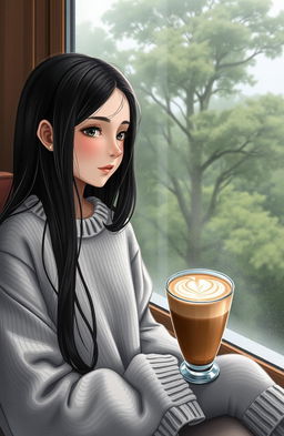 A serene and contemplative scene depicting a young girl sitting beside a window during a rain shower