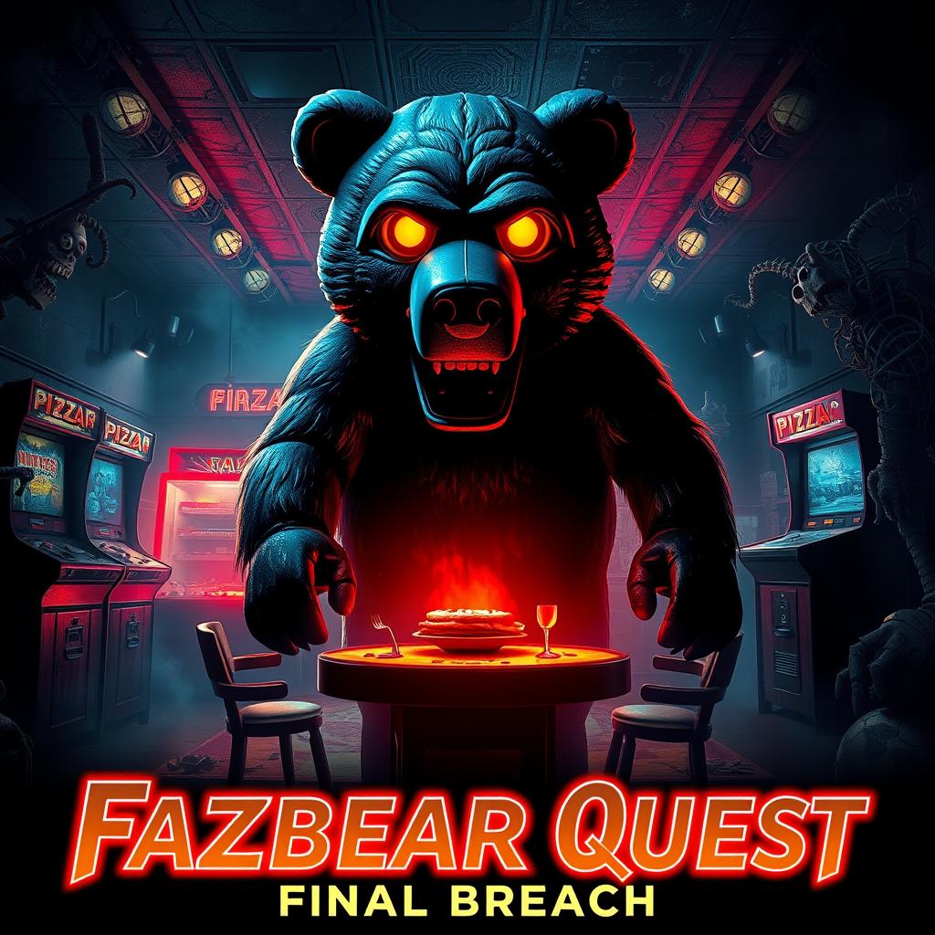 A dramatic and captivating movie poster for 'Fazbear Quest: Final Breach', showcasing a stylized, eerie atmosphere