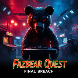 A dramatic and captivating movie poster for 'Fazbear Quest: Final Breach', showcasing a stylized, eerie atmosphere