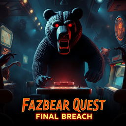 A dramatic and captivating movie poster for 'Fazbear Quest: Final Breach', showcasing a stylized, eerie atmosphere