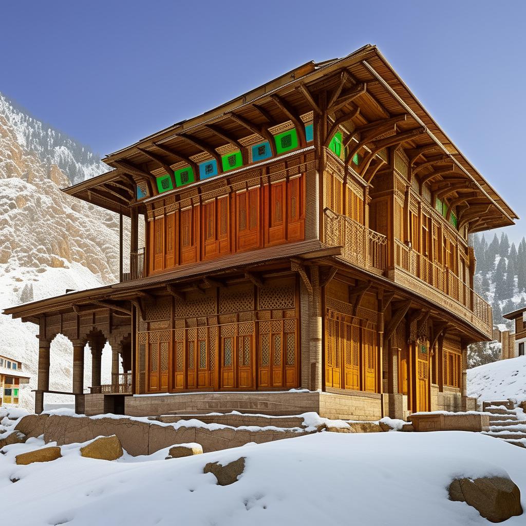 Create a detailed image of a traditional Kashmiri house, capturing the essence of cultural architecture, featuring vibrant colors, intricate woodwork, and beautiful stonework within a serene snowy landscape.