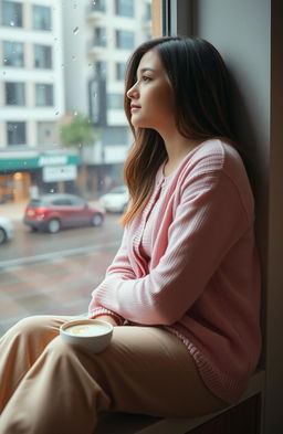 A city girl sitting by the window, gazing at the patter of raindrops