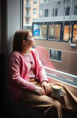 A city girl sitting by the window, gazing at the patter of raindrops
